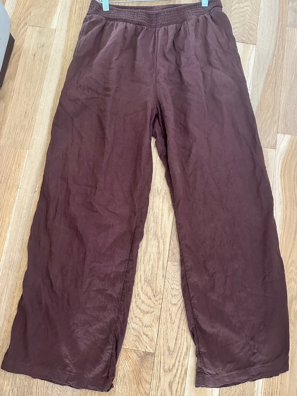 aerie Wide-Leg Elastic Waist Linen Pants in Deep Brown